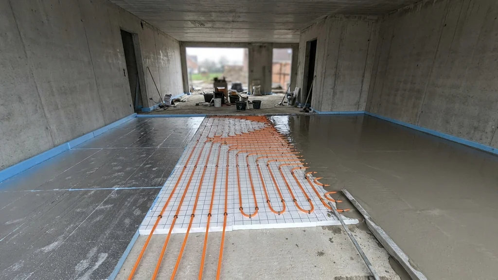Werfvloer in drie fases naast elkaar: kale isolatieplaten links, PE-X leidingen in het midden, vers gegoten anhydriet rechts — visueel stappenplan