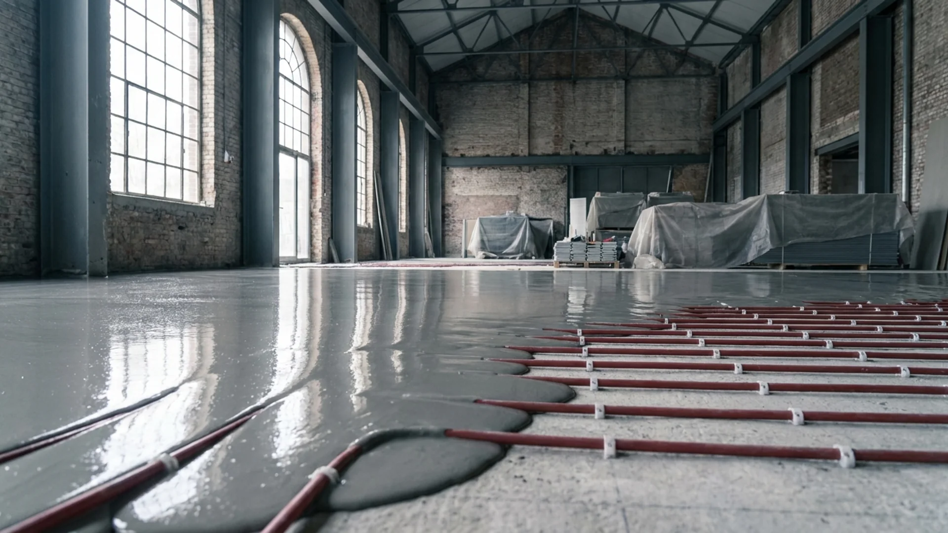 Vloeiende anhydrietchape wordt op een Vlaamse renovatiewerf uitgegoten over PE-X vloerverwarmingsleidingen - zacht daglicht door grote ramen