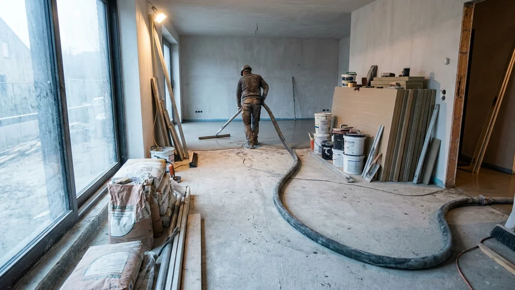 Wide-angle werfoverzicht: een aanvoerslang slingert over de vloer met vloeibare anhydriet; een werker met afreigereedschap op de achtergrond — actieve Vlaamse residentiële chape-installatie