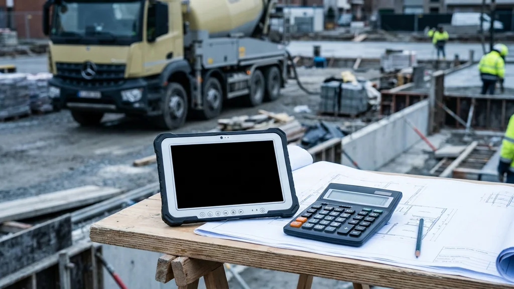Werfoverzicht met tablet en bouwplannen op de voorgrond, anhydriet pomp-truck wazig op de achtergrond — chape prijsplanning en projectinschatting