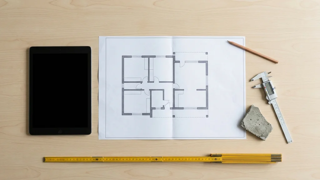 Bovenaanzicht van een construction estimation werkstation: tablet, opengevouwen plattegrond, gele meetlat, digitale schuifmaat en uitgehard chape-staal op een lichthouten bureau