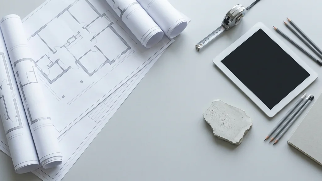 Bureaucompositie met bouwplannen, meetlint, tablet en een uitgehard anhydriet chape-staal — voorbereiding van een chape prijscalculatie