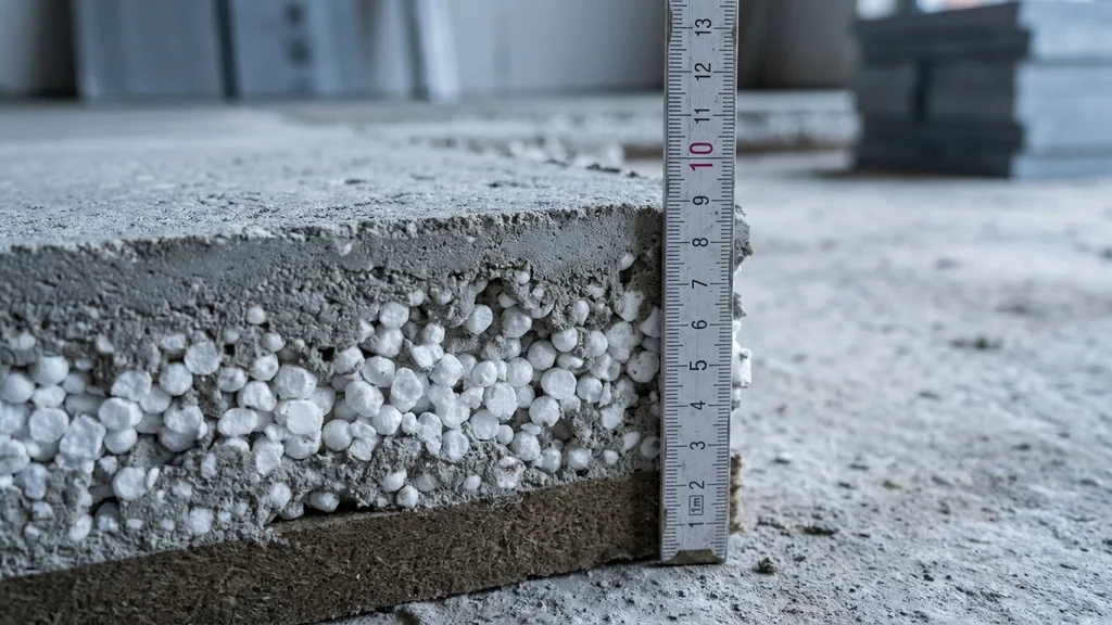 Macro-doorsnede van isolerende chape met EPS-polystyreenkorrels in cementmortel; meetlat toont diktedimensie aan de zijkant