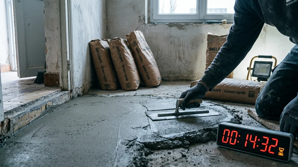 Vakman strijkt vers gegoten snelchape glad met een troffel; zakken sneldrogend cement-bindmiddel naast de muur in een Vlaamse renovatiecontext