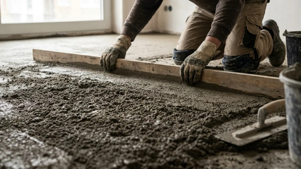 Vakman strijkt traditionele zandcement chape glad met een lange trekrei op een Vlaamse residentiële werf, knee pads en gereedschap aan de rand